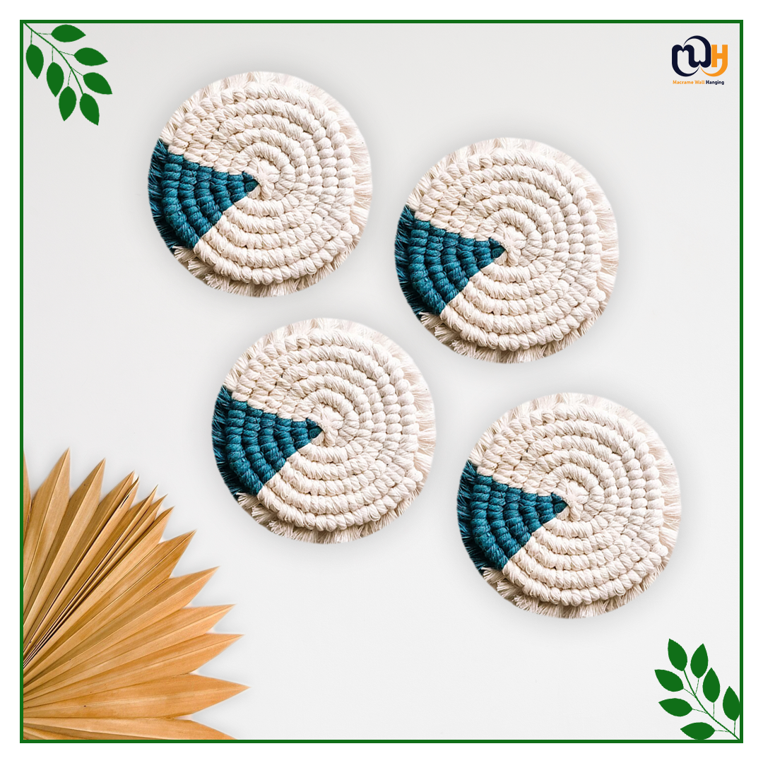 Turquoise and Off White Round Two Tone Macrame Coasters