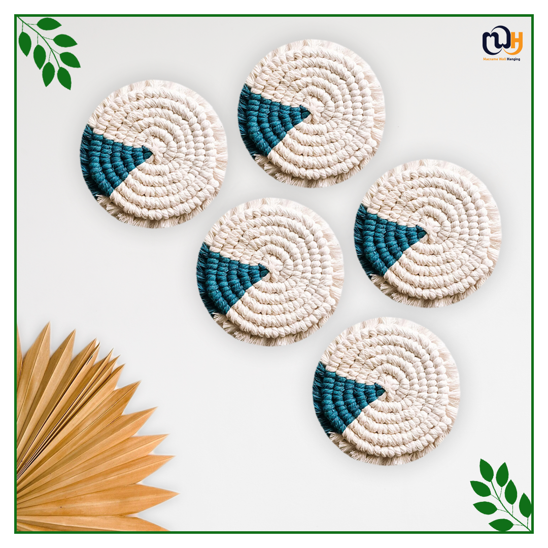 Turquoise and Off White Round Two Tone Macrame Coasters