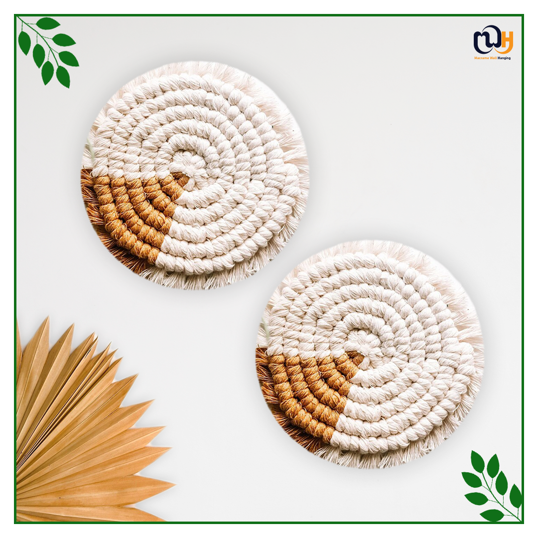 Gold and White Round Two Tone Macrame Coasters