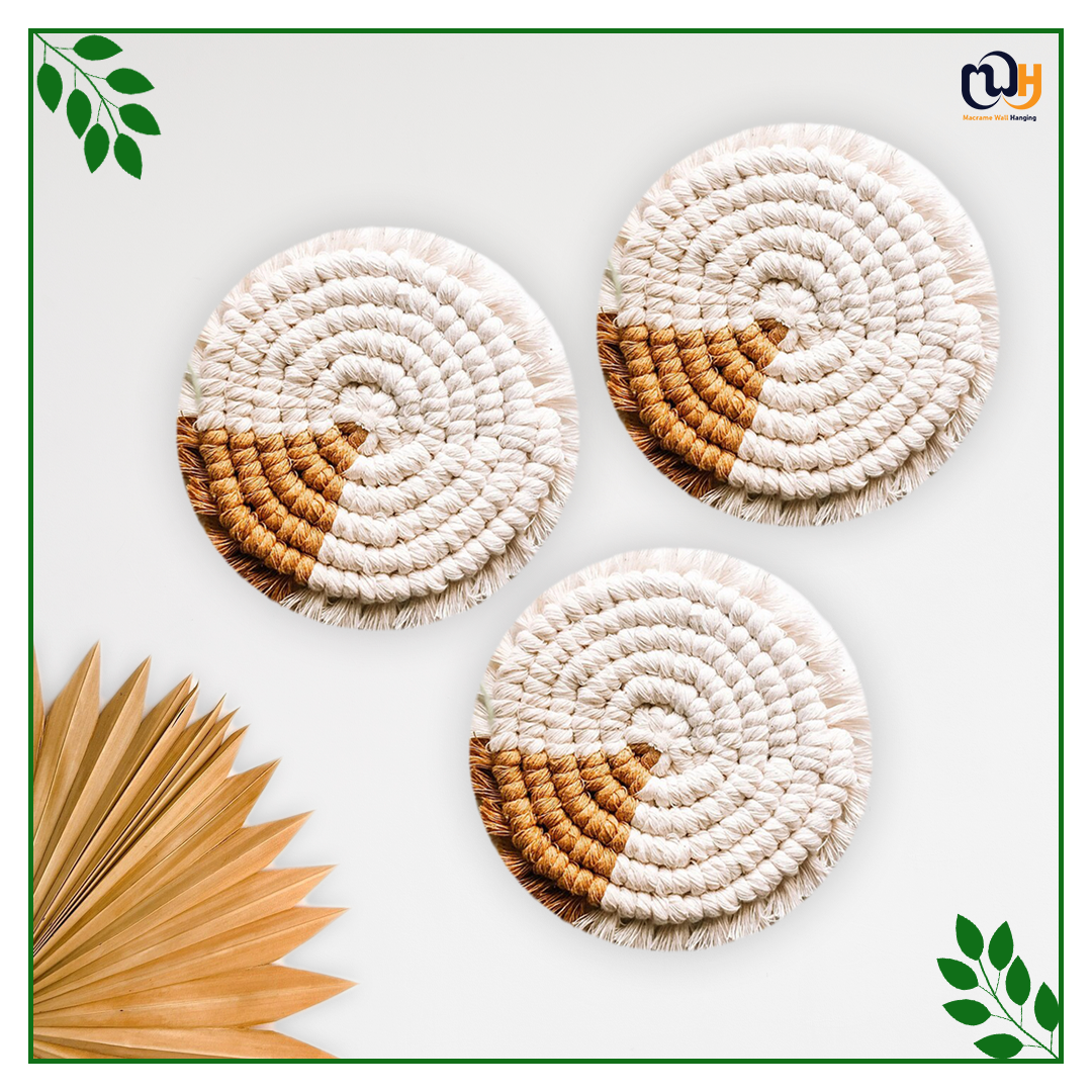 Gold and White Round Two Tone Macrame Coasters