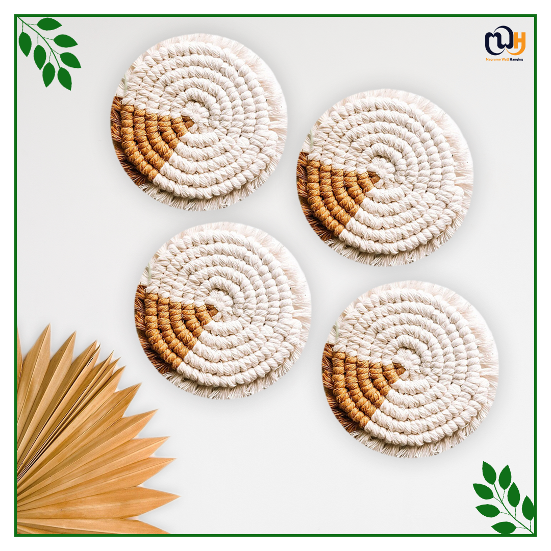 Gold and White Round Two Tone Macrame Coasters