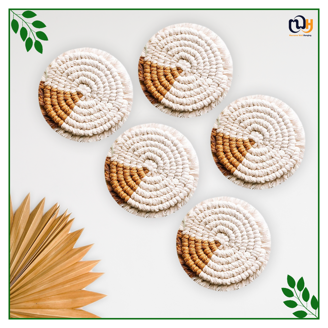 Gold and White Round Two Tone Macrame Coasters