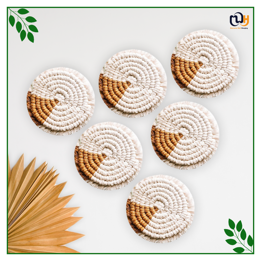 Gold and White Round Two Tone Macrame Coasters