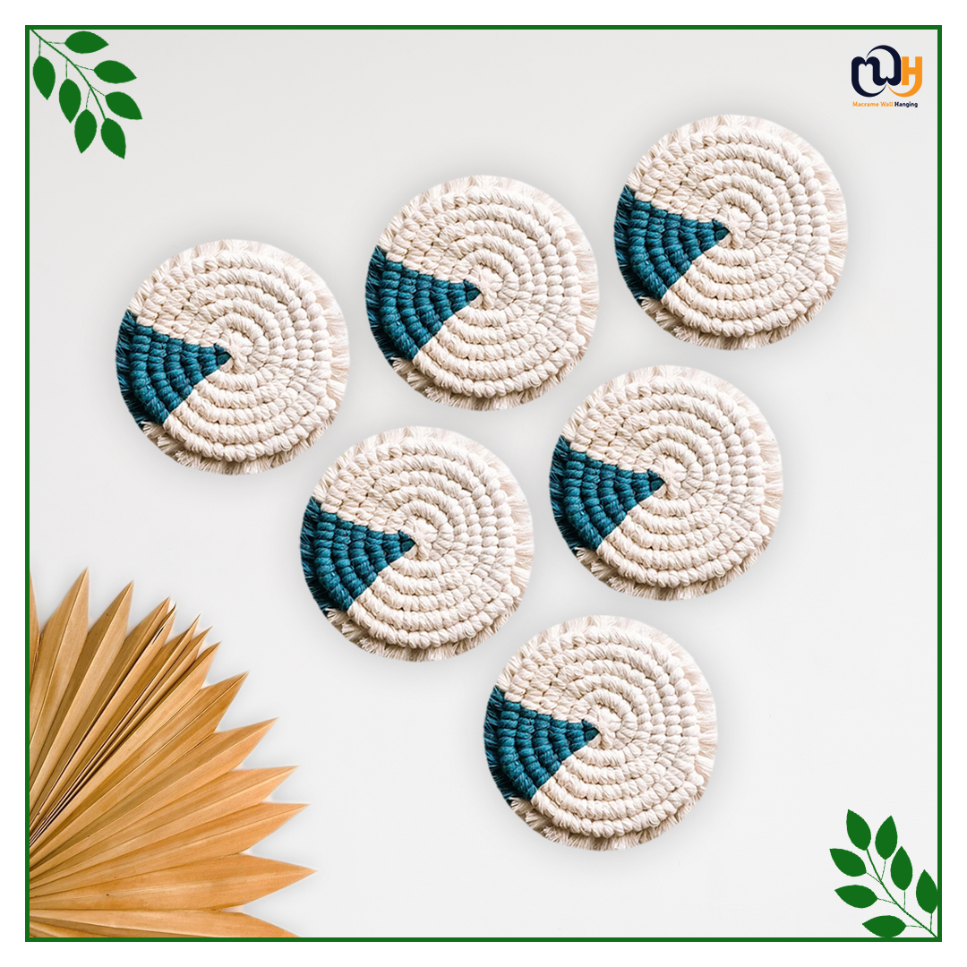 Turquoise and Off White Round Two Tone Macrame Coasters