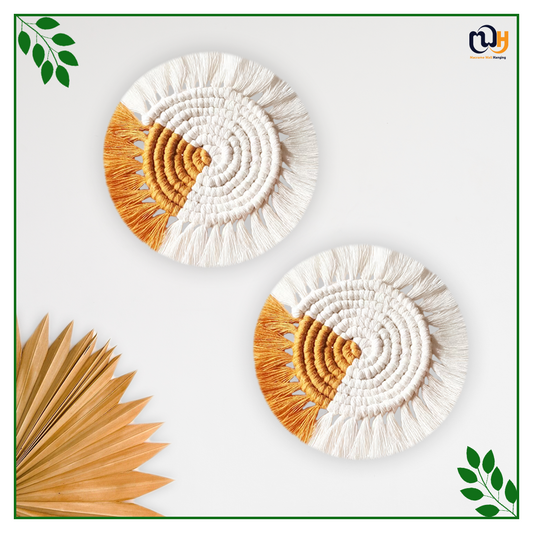 Mustard and Off White Round Two Tone Macrame Coasters