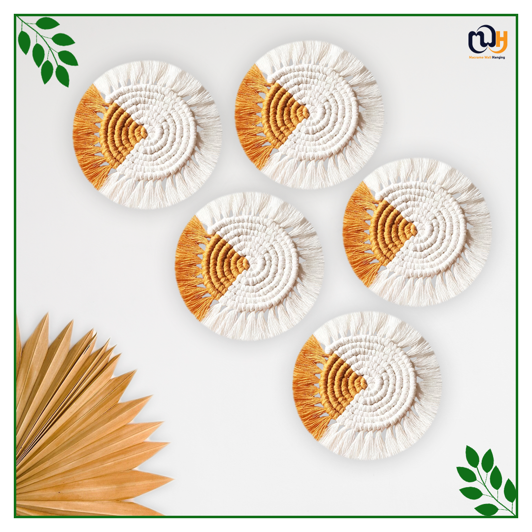 Mustard and Off White Round Two Tone Macrame Coasters