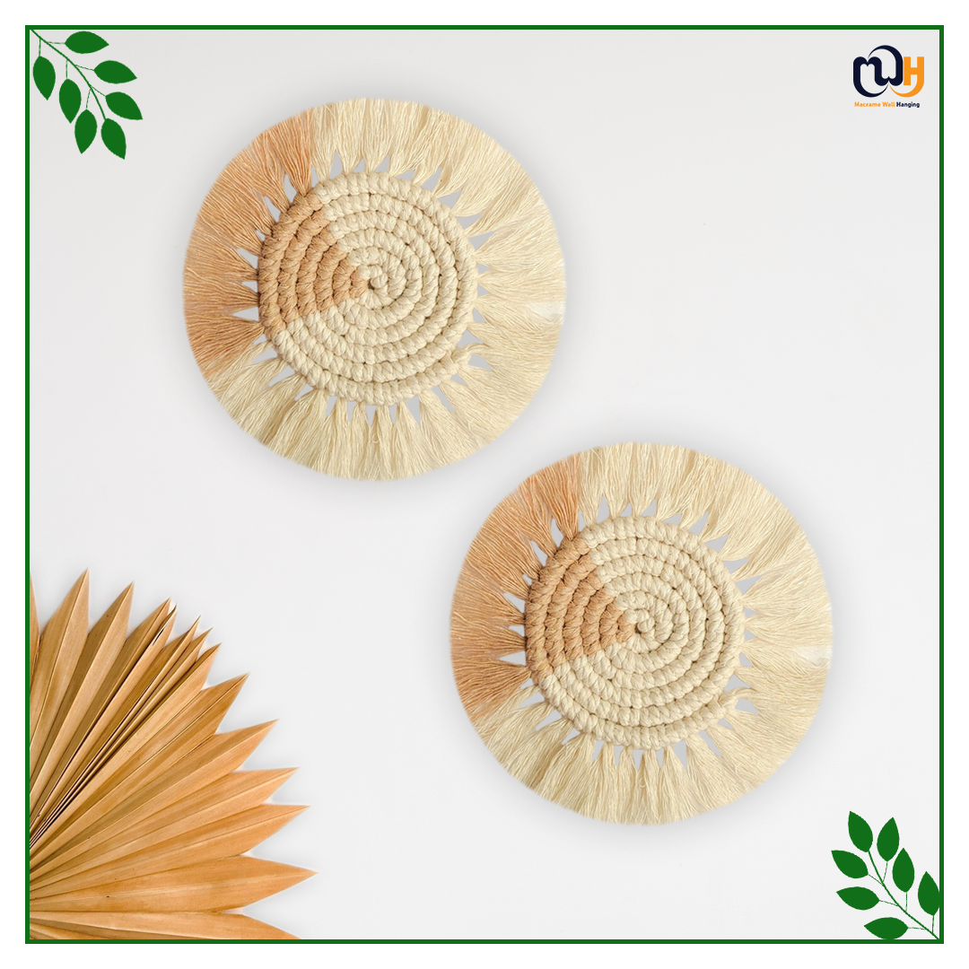 Beige and Off White Round Two Tone Macrame Coasters