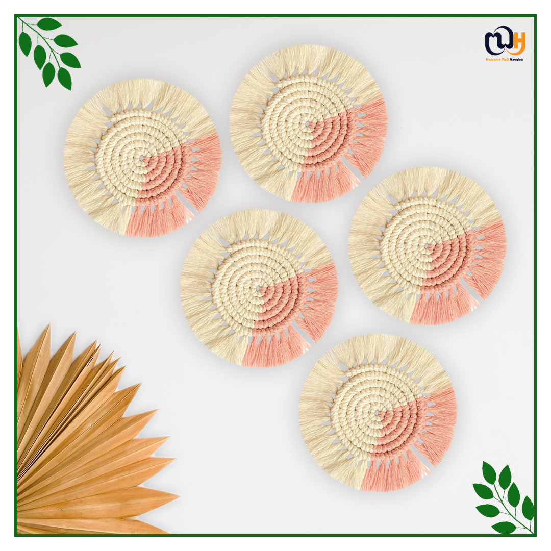 Baby Pink and Off White Round Two Tone Macrame Coasters