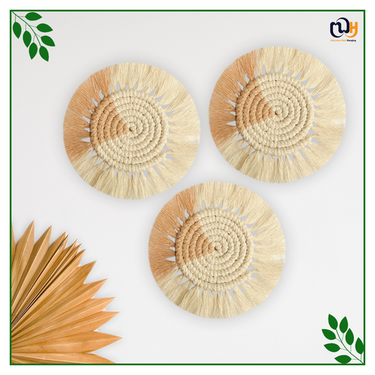 Beige and Off White Round Two Tone Macrame Coasters