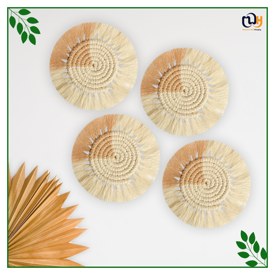Beige and Off White Round Two Tone Macrame Coasters