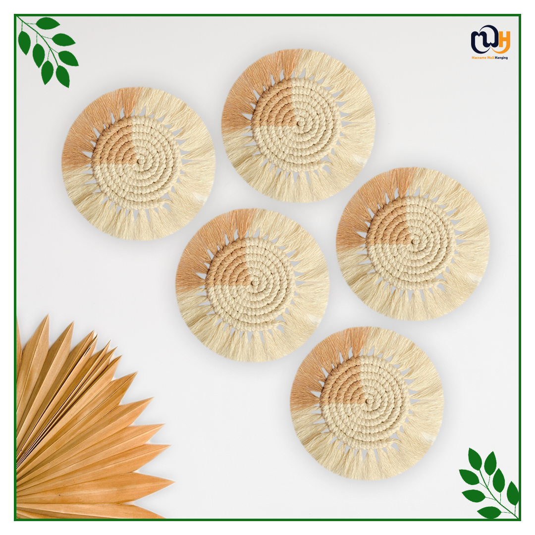 Beige and Off White Round Two Tone Macrame Coasters