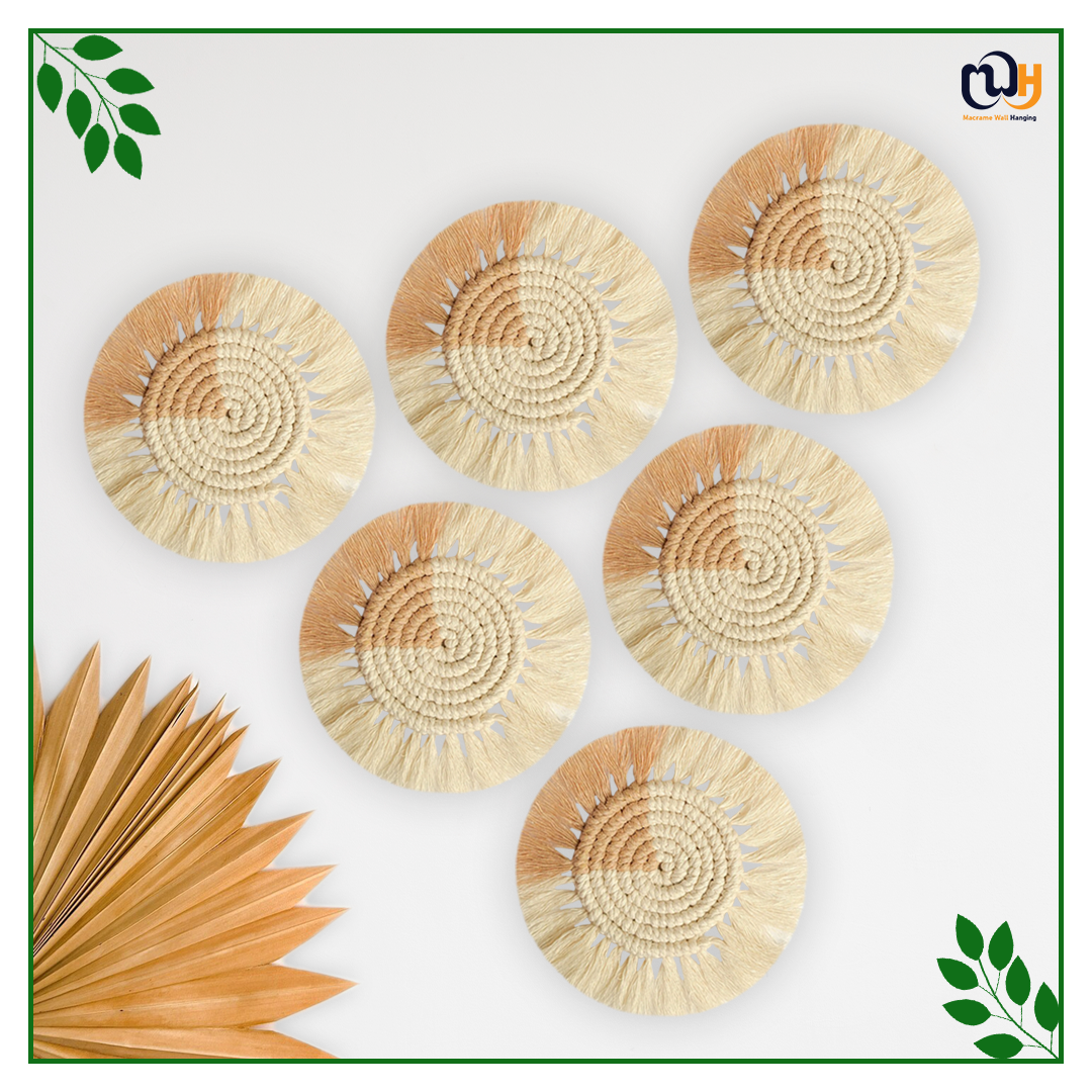 Beige and Off White Round Two Tone Macrame Coasters