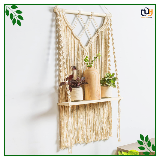 Handmade Boho Style Natural Pine Wooden Shelf for Plant