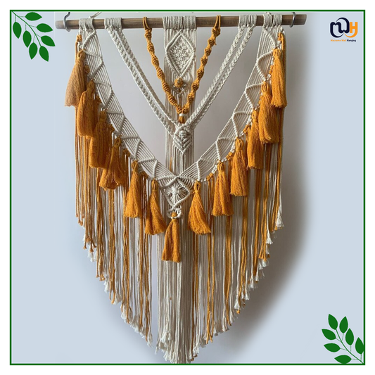 Handmade Boho Style Mustad Yellow and White Macrame Tapestry Wall Hanging