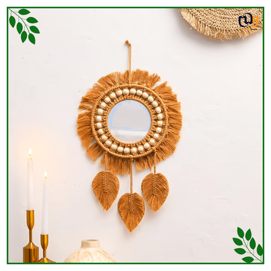 Handmade Boho Style Macrame Mirror with Feather Touch