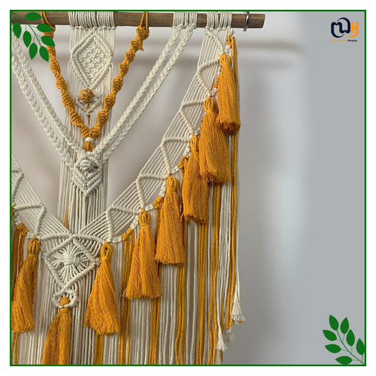 Handmade Boho Style Mustad Yellow and White Macrame Tapestry Wall Hanging