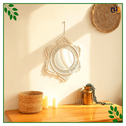 Handmade Boho Style Macrame Sunflower Round Mirror