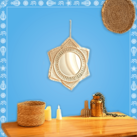 Handmade Boho Style Macrame Sunflower Round Mirror