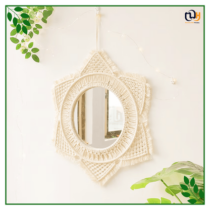 Handmade Boho Style Macrame Sunflower Round Mirror