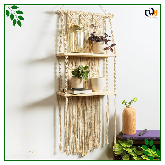 Handmade Boho Style 2-Tier Nordic Hand Woven Hanging Shelf