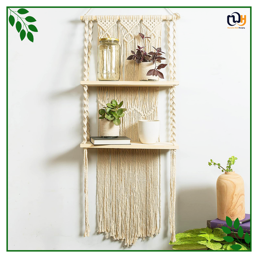 Handmade Boho Style 2-Tier Nordic Hand Woven Hanging Shelf