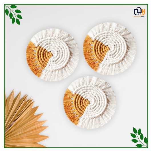 Mustard and Off White Round Two Tone Macrame Coasters