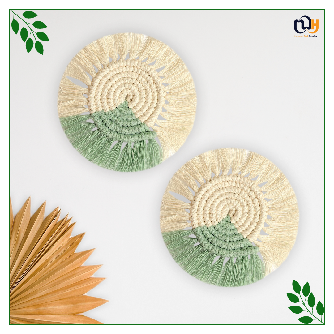 Pista Green and Off White Round Two Tone Macrame Coasters